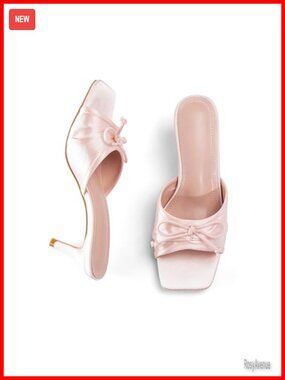 Kitten Heels Open Square Toe Backless Sandals Mules with Bowknot